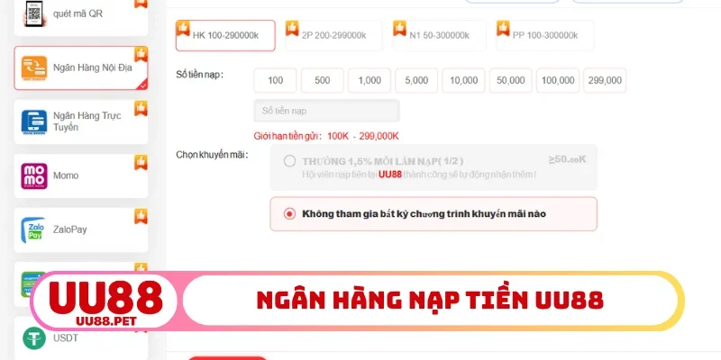 Ngân hàng nạp tiền UU88